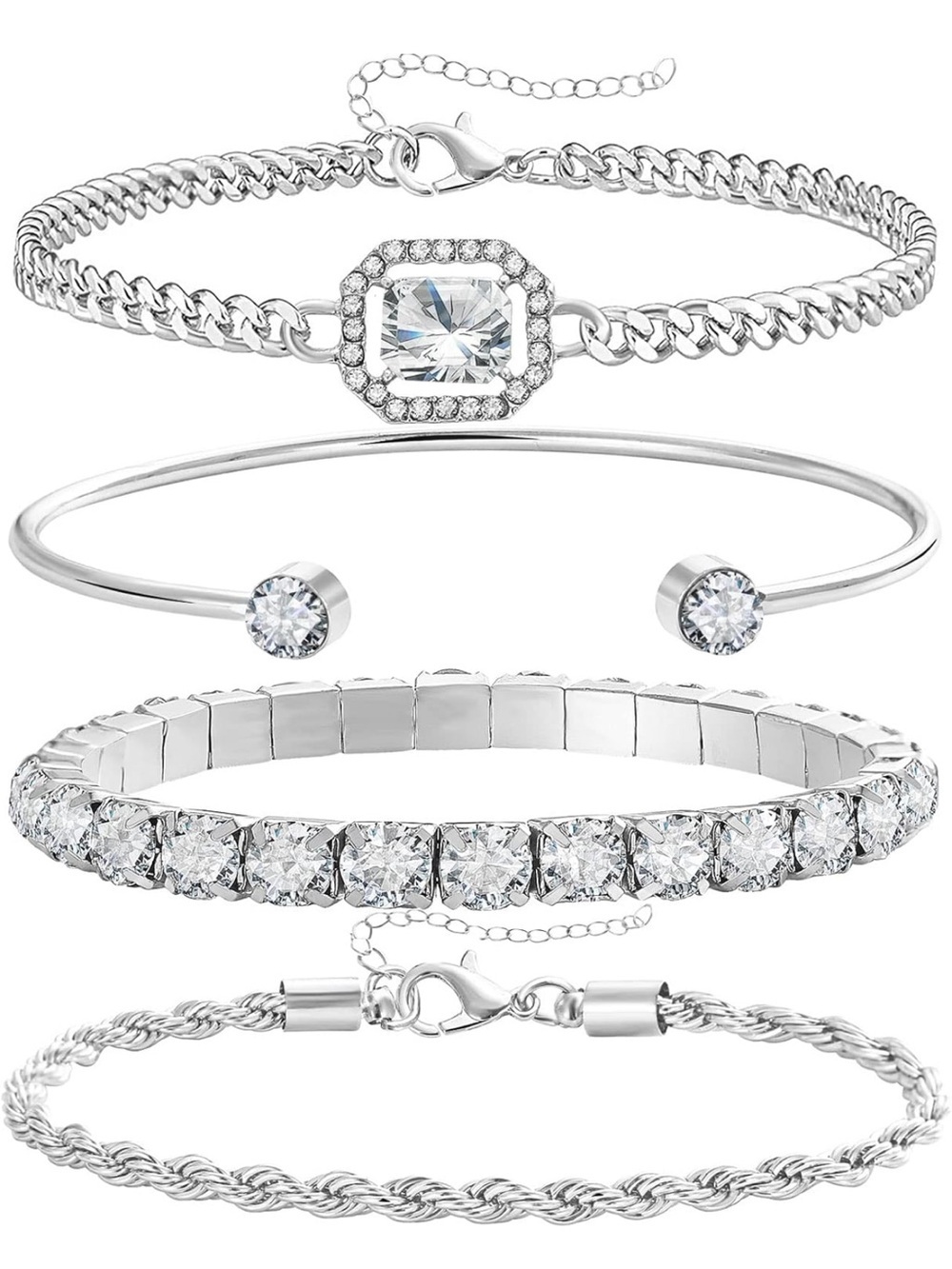 Anthropologie Silver Crystal 4-Piece Bracelet Set